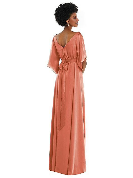 Jimiss V-neck off shoulder long sleeved backless side slit and floor length Prom dress